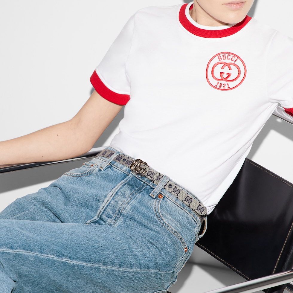 GG Marmont thin belt in beige and blue GG canvas | GUCCI® US