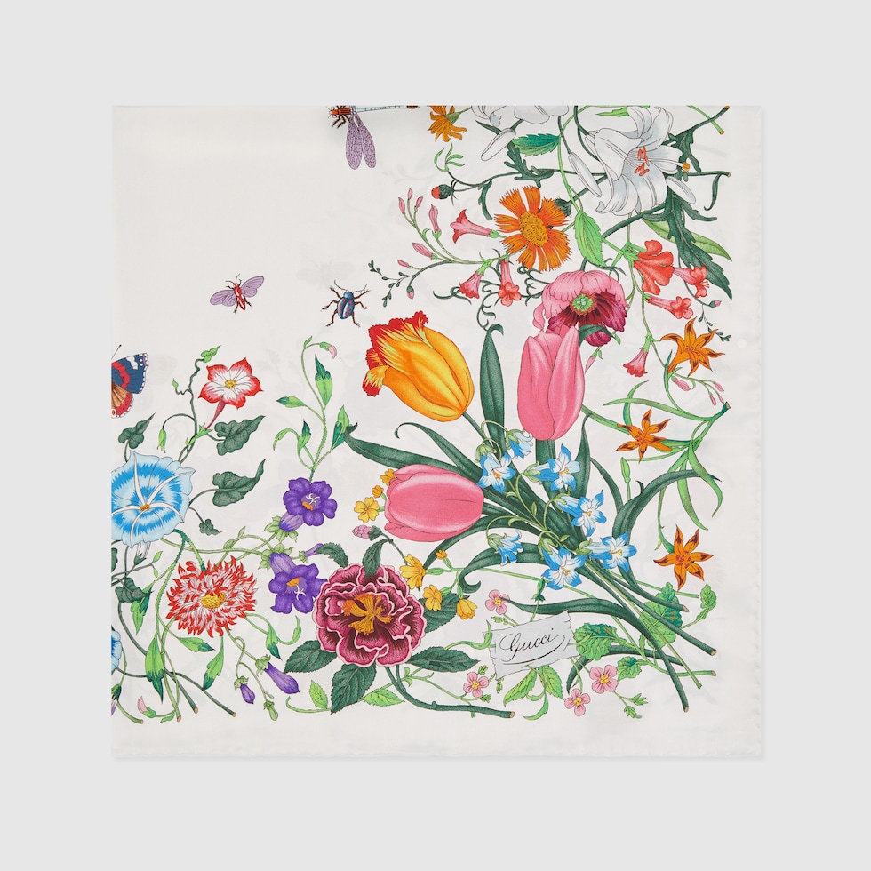 Printed Flora silk twill carré in white and multicolor