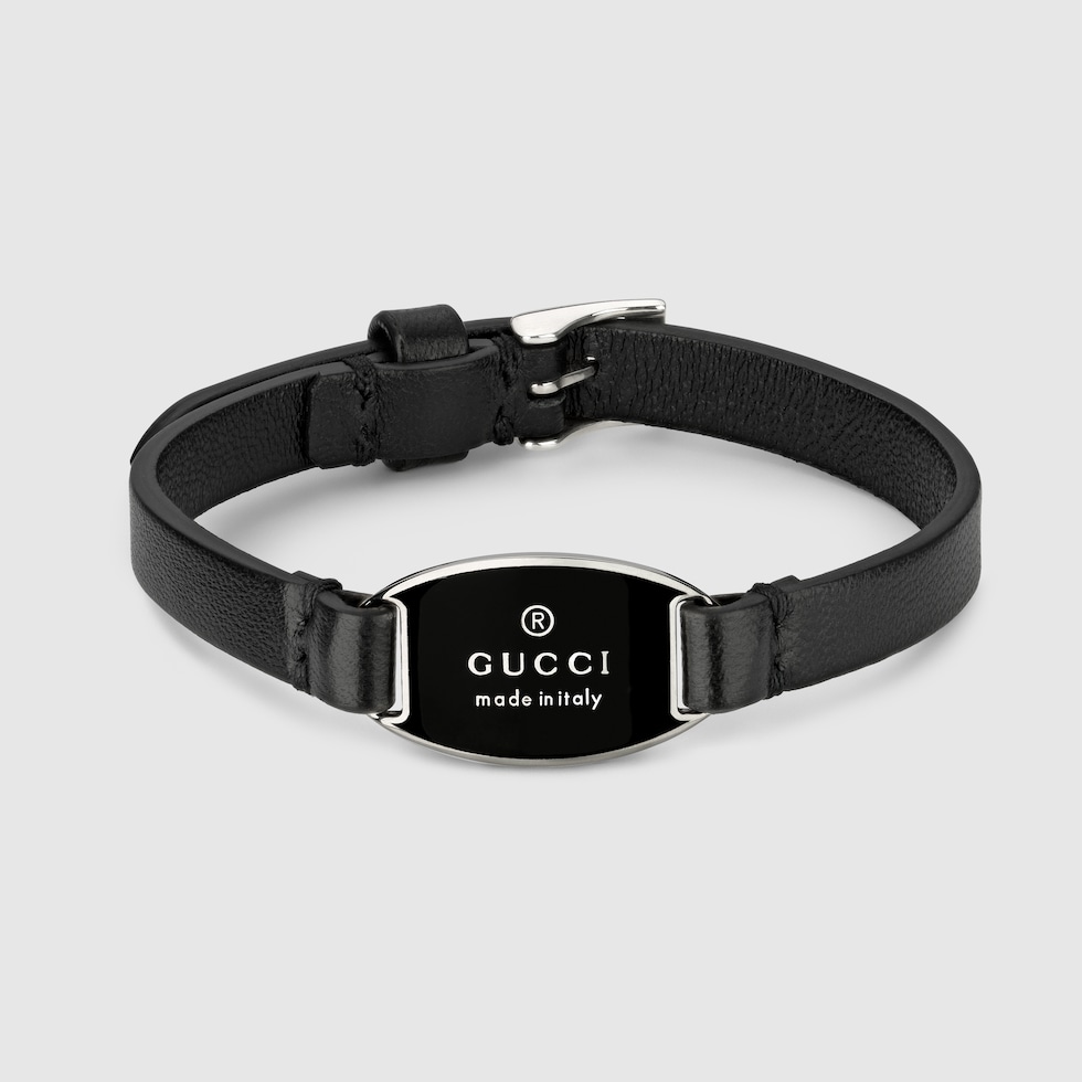Trademark leather bracelet with tag in black leather, silver | GUCCI® US