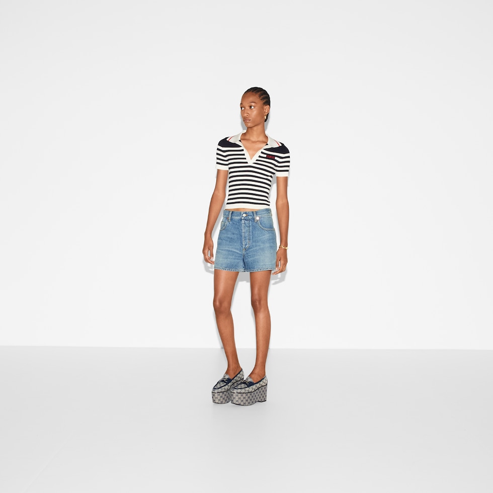 Regular denim shorts with Horsebit in blue | GUCCI® US