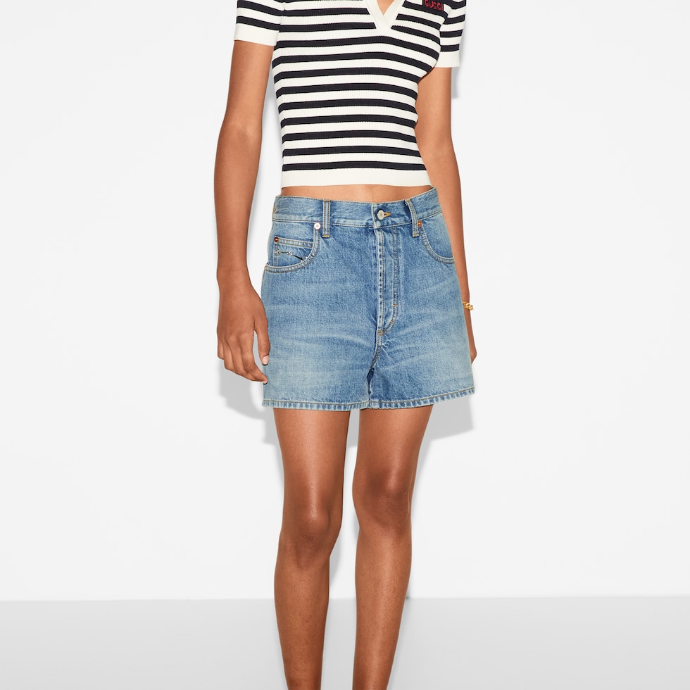 Regular denim shorts with Horsebit in blue | GUCCI® US