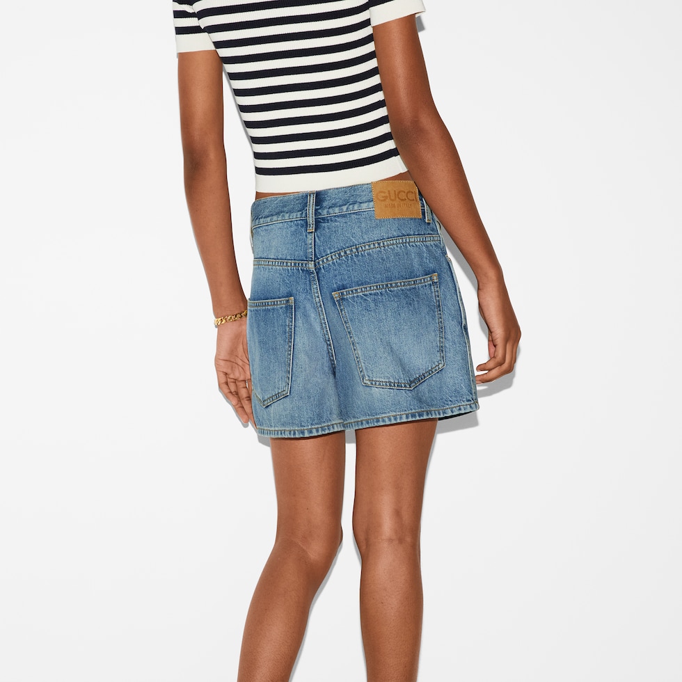 Regular denim shorts with Horsebit in blue | GUCCI® US
