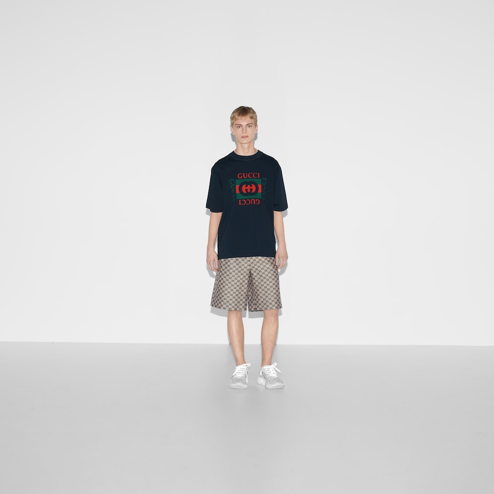 Printed cotton jersey T-shirt in navy | GUCCI® US 
