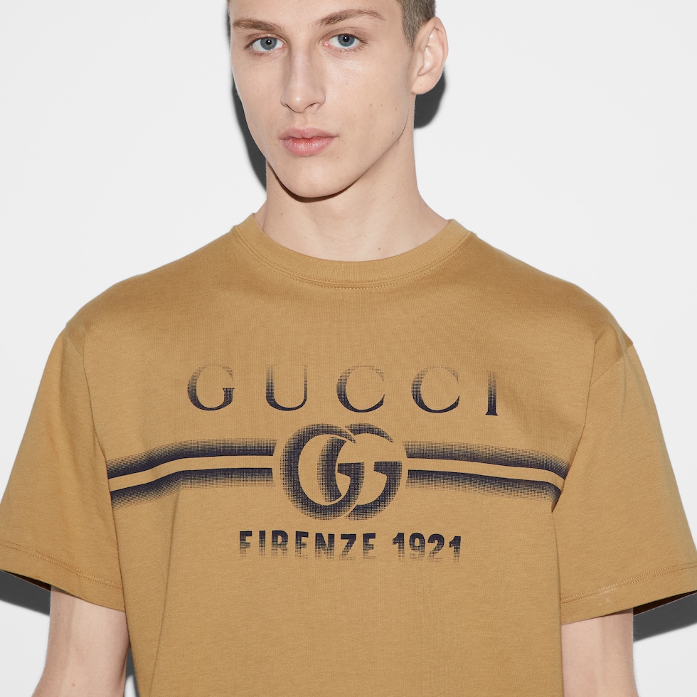 Cotton jersey T-shirt with Gucci print in beige | GUCCI® SI