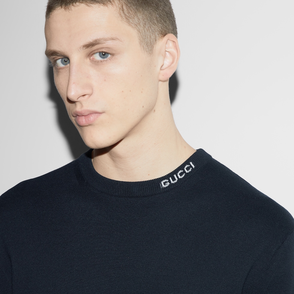 Silk cotton T-shirt with Gucci intarsia in navy | GUCCI® US
