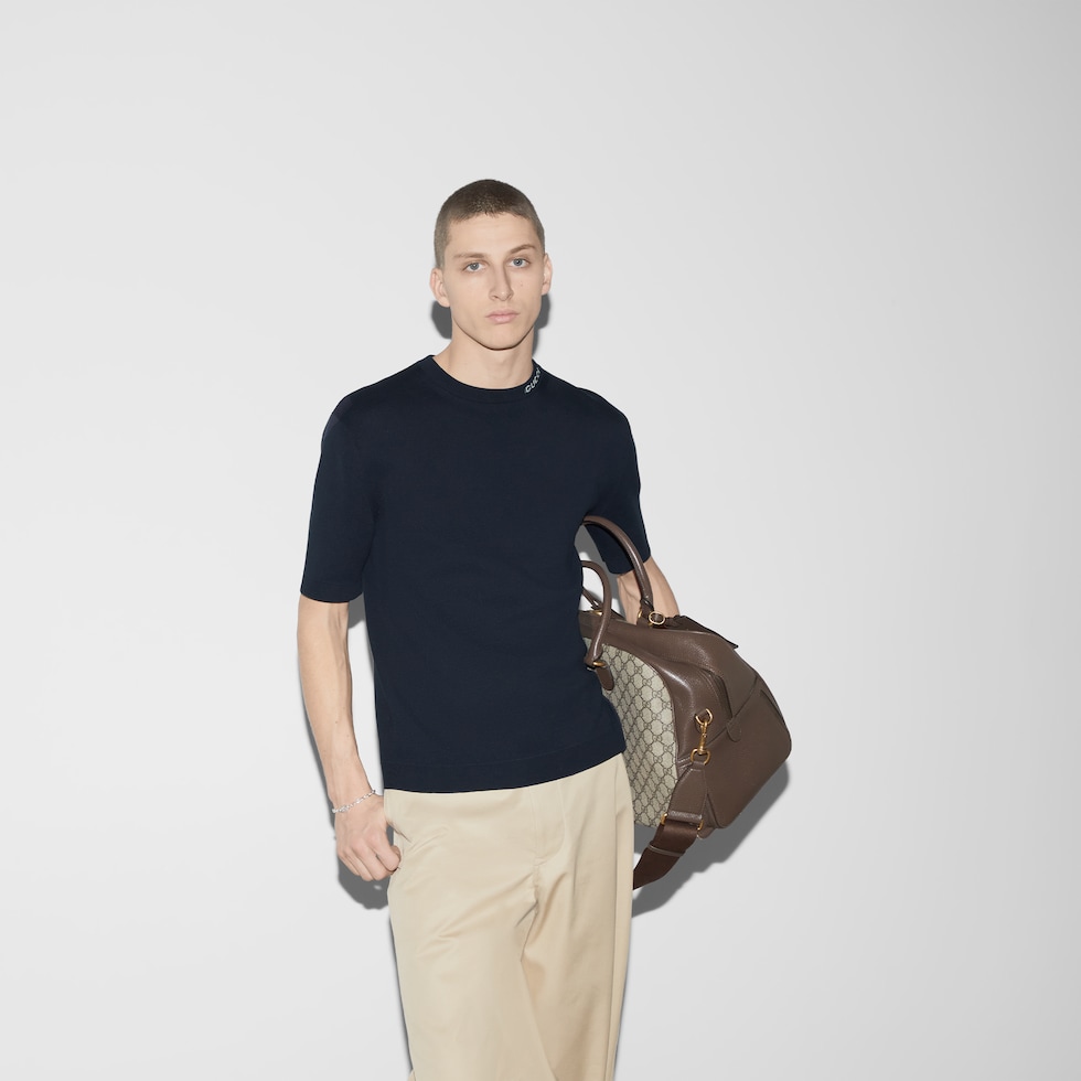 Silk cotton T-shirt with Gucci intarsia in navy | GUCCI® US