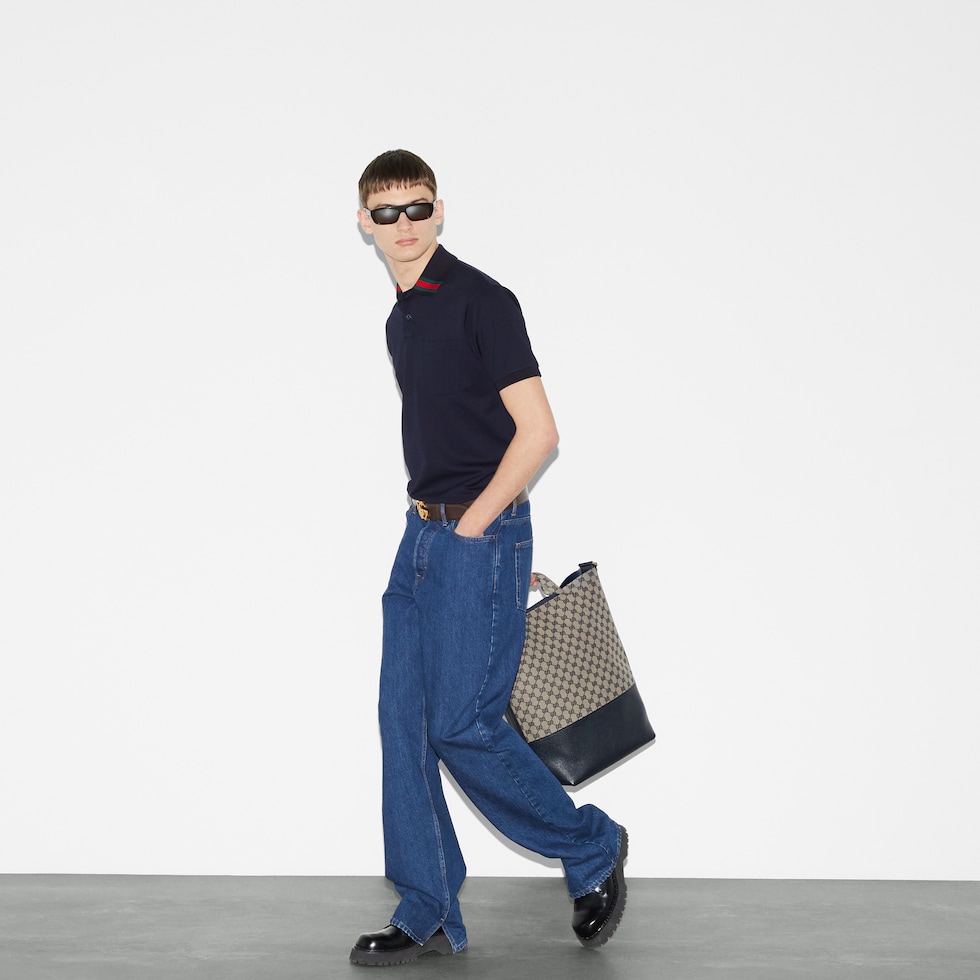 ★新作★【GUCCI】 GGコットンクルーネックトップ Cotton polo shirt with Web in navy | GUCCI® US