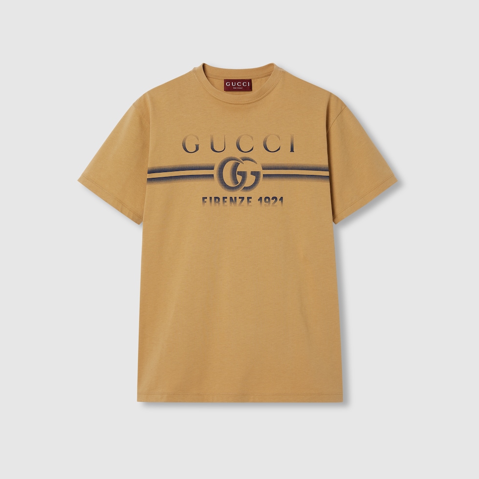 Cotton jersey T shirt with Gucci print in beige GUCCI ZA