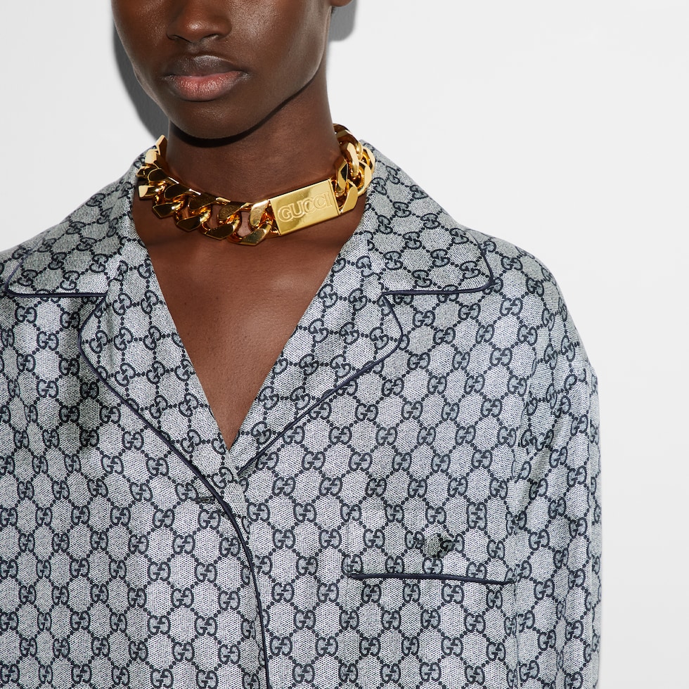 GG silk twill shirt in blue and white | GUCCI® US