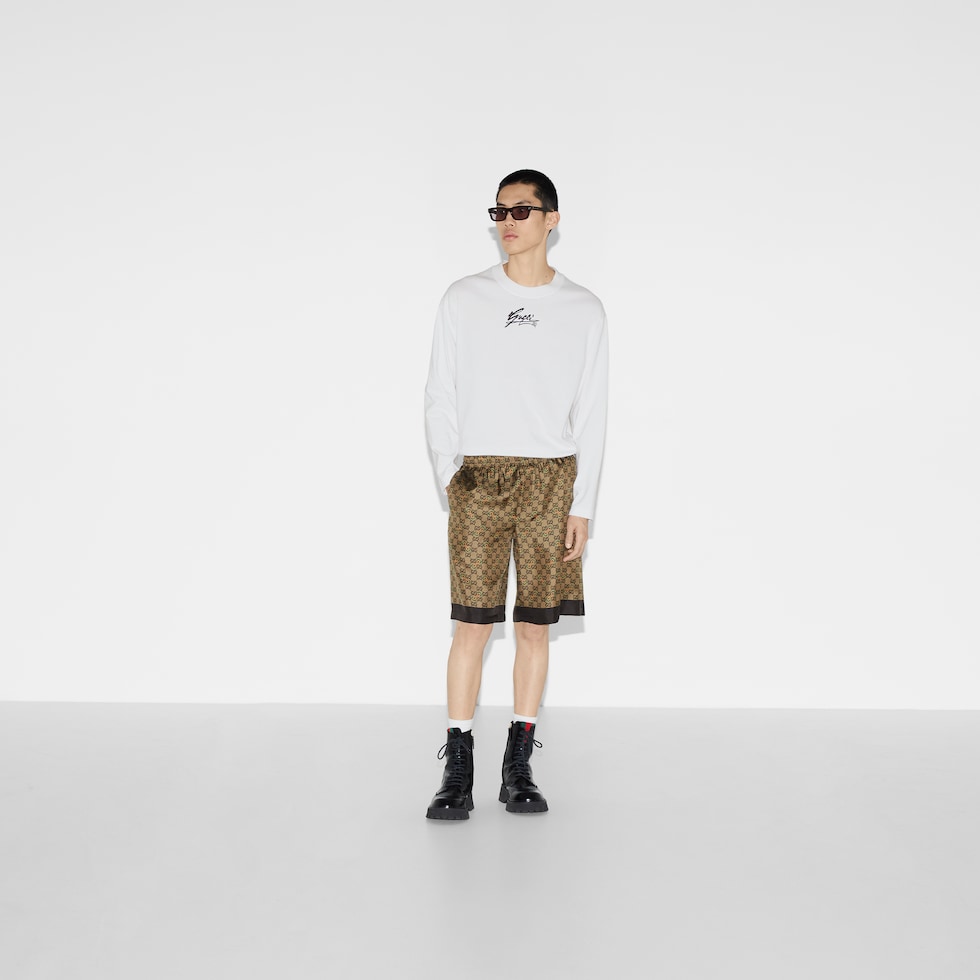 GG Horsebit print silk twill short in camel and ebony GG Horsebit print silk twill short in camel and ebony