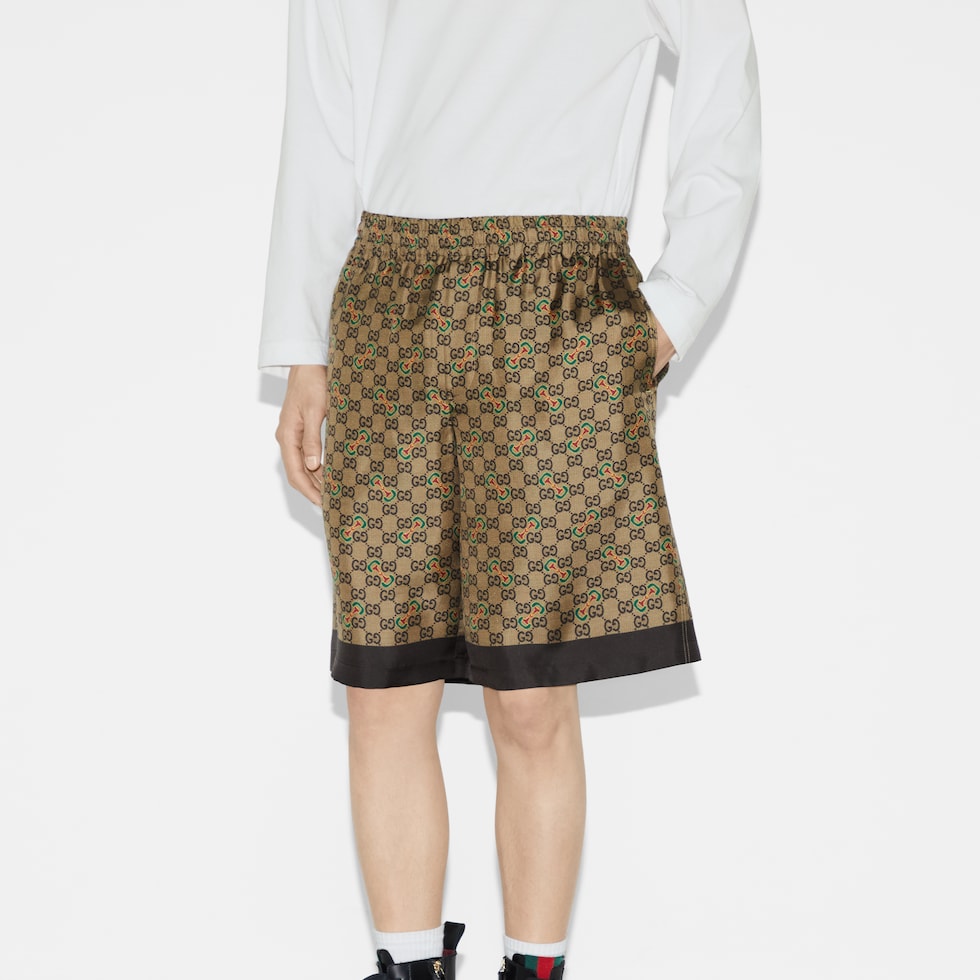 GG Horsebit print silk twill short in camel and ebony GUCCI AE