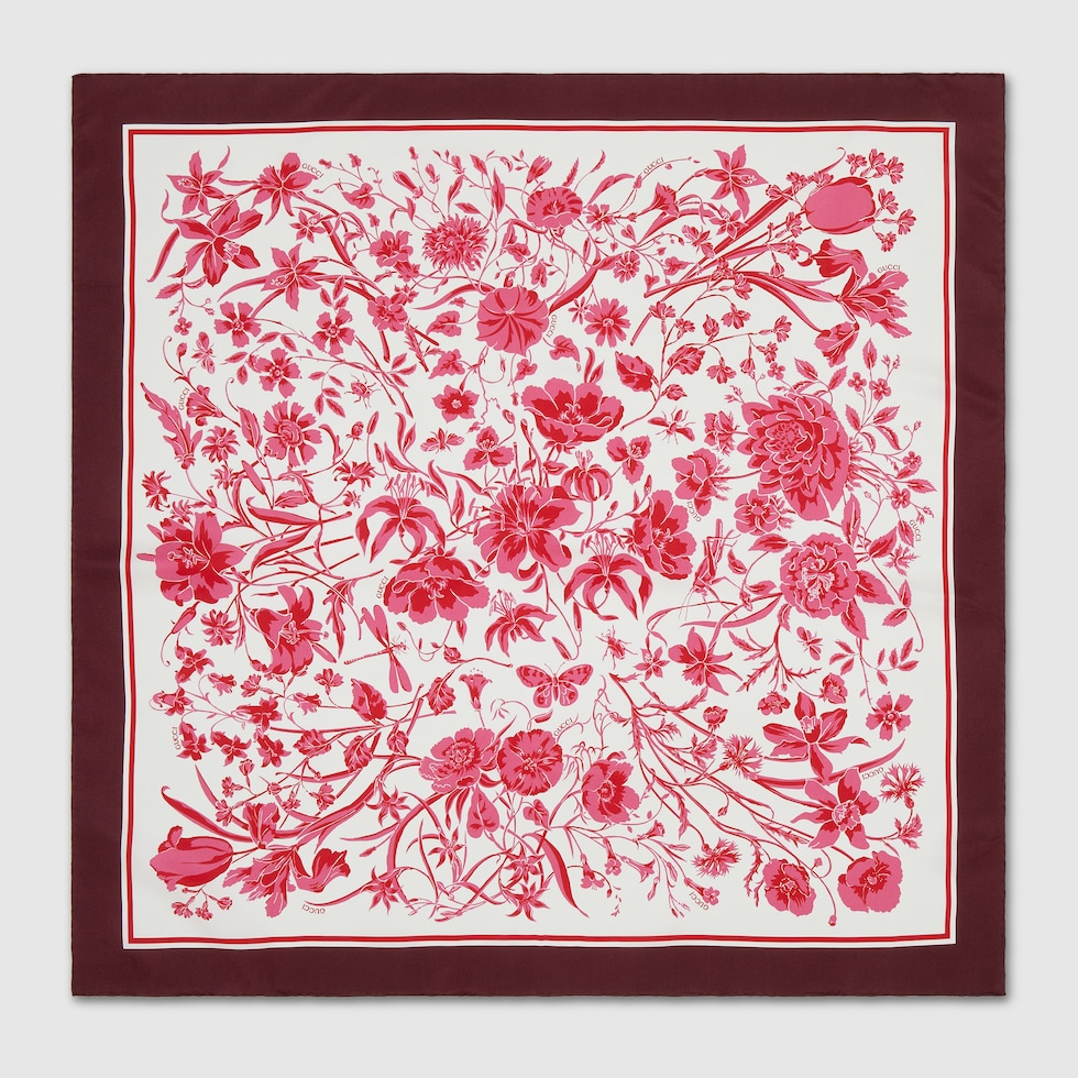 GUCCI Floral Print Silk Scarf White Silk