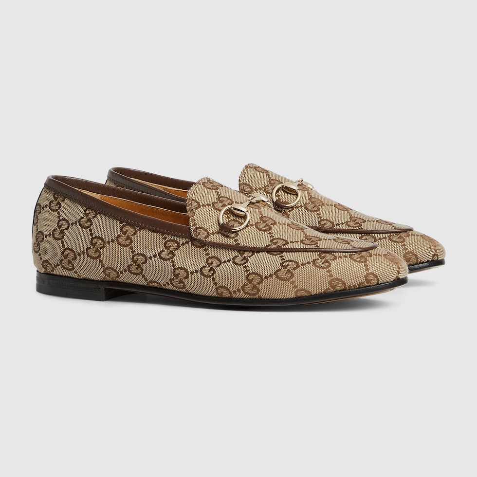 Women's Gucci Jordaan loafer in beige and ebony GG canvas