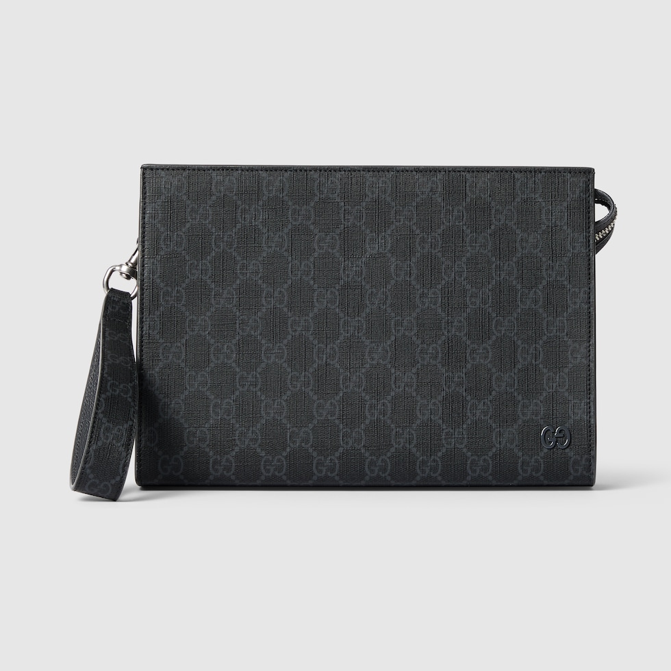Grey trim small pouch in black GG Supreme canvas | GUCCI® US