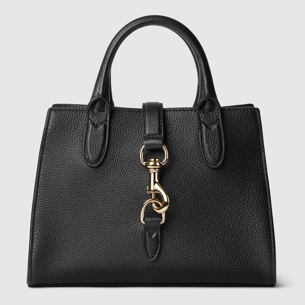 Small tote bag with hook closure in black leather | GUCCI® JP