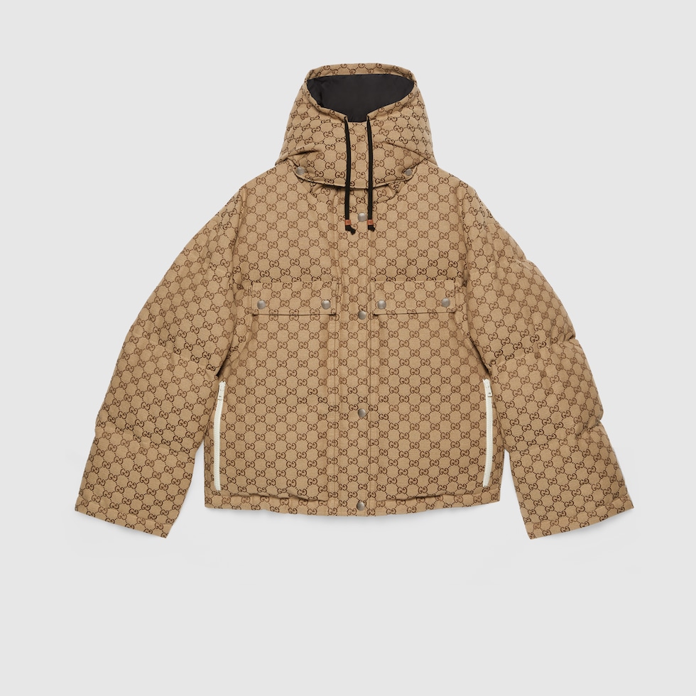 GG cotton canvas puffer jacket in camel and ebony | GUCCI® PL