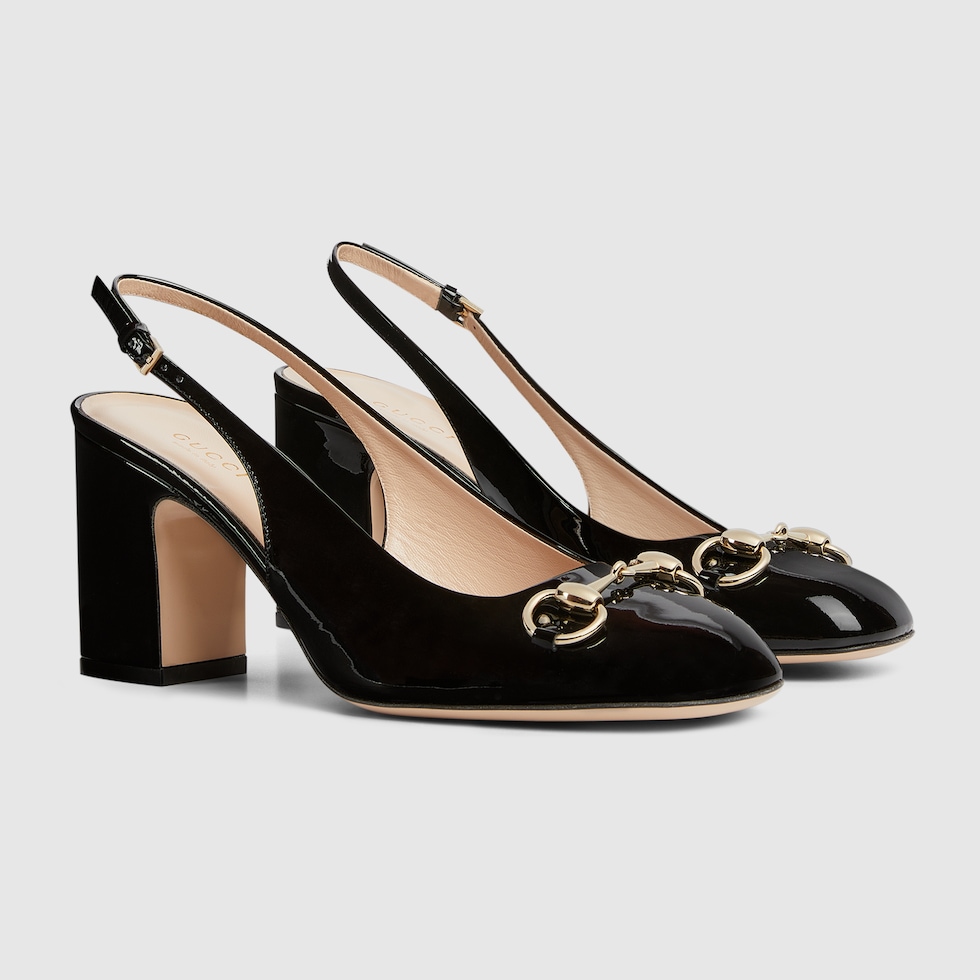 Damenschuh mit Fersenriemchen und Horsebit in schwarzes Lackleder GUCCI DE