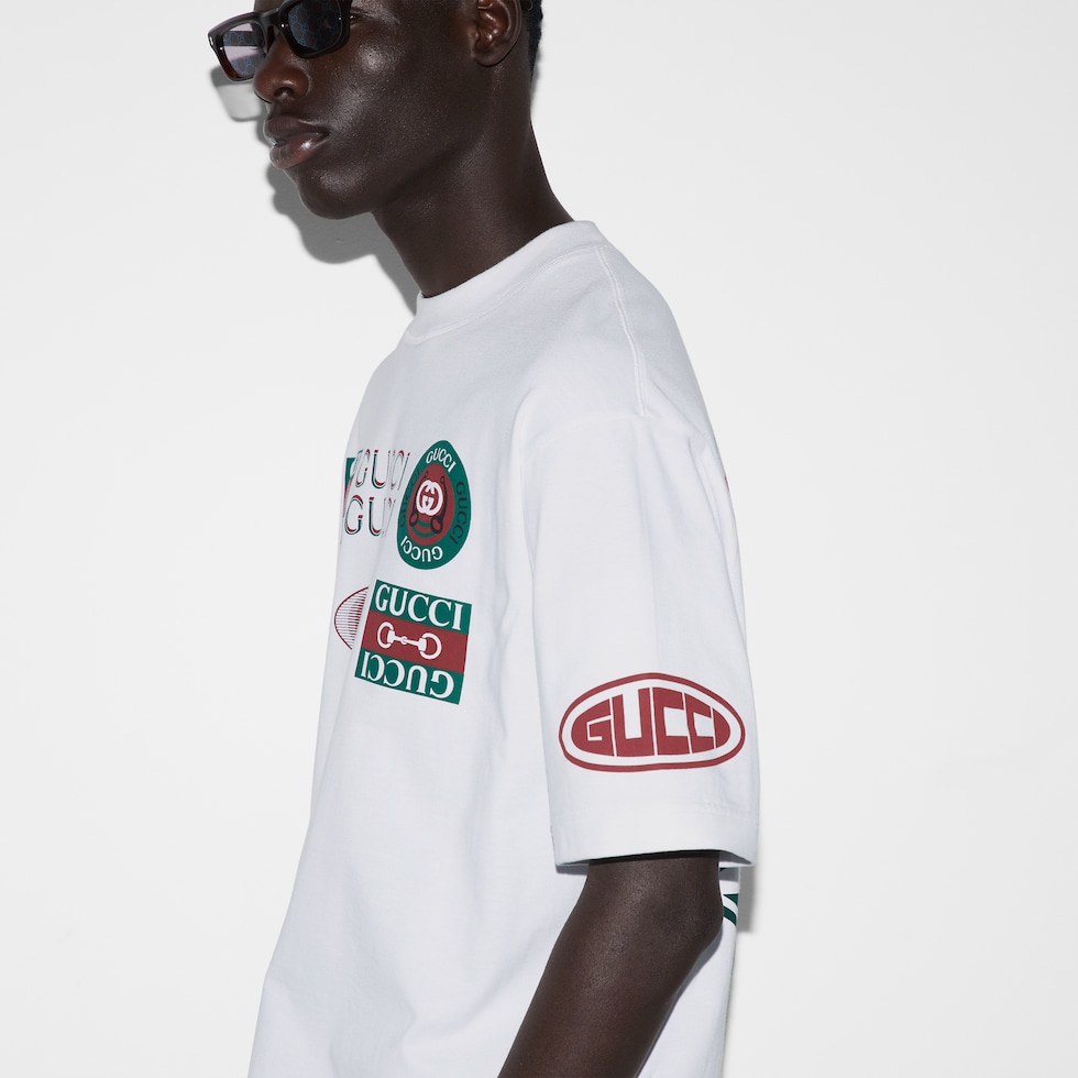 Printed cotton jersey T-shirt in black | GUCCI® US