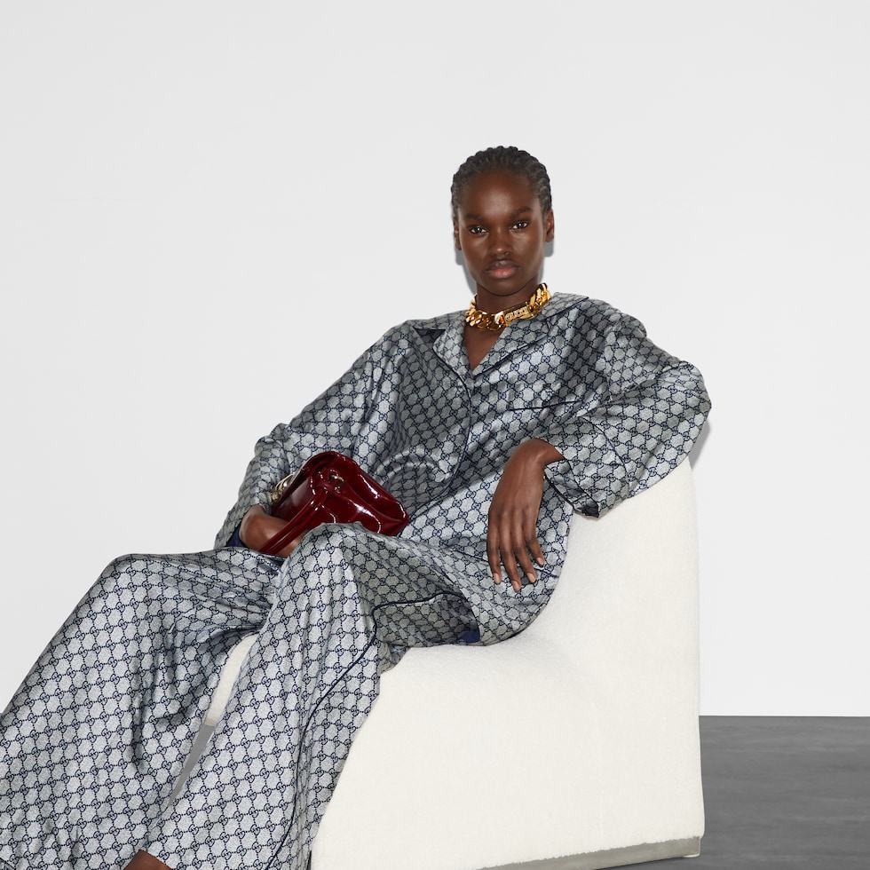 GG silk twill pants in blue and white | GUCCI® US