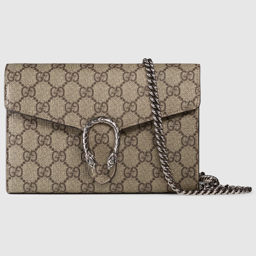 Portafoglio Dionysus in tessuto GG Supreme con catena in beige ed ebano GUCCI Italia