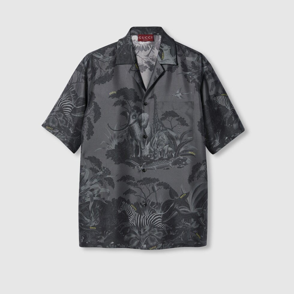 Gucci flora and fauna print silk shirt in grey GUCCI GR
