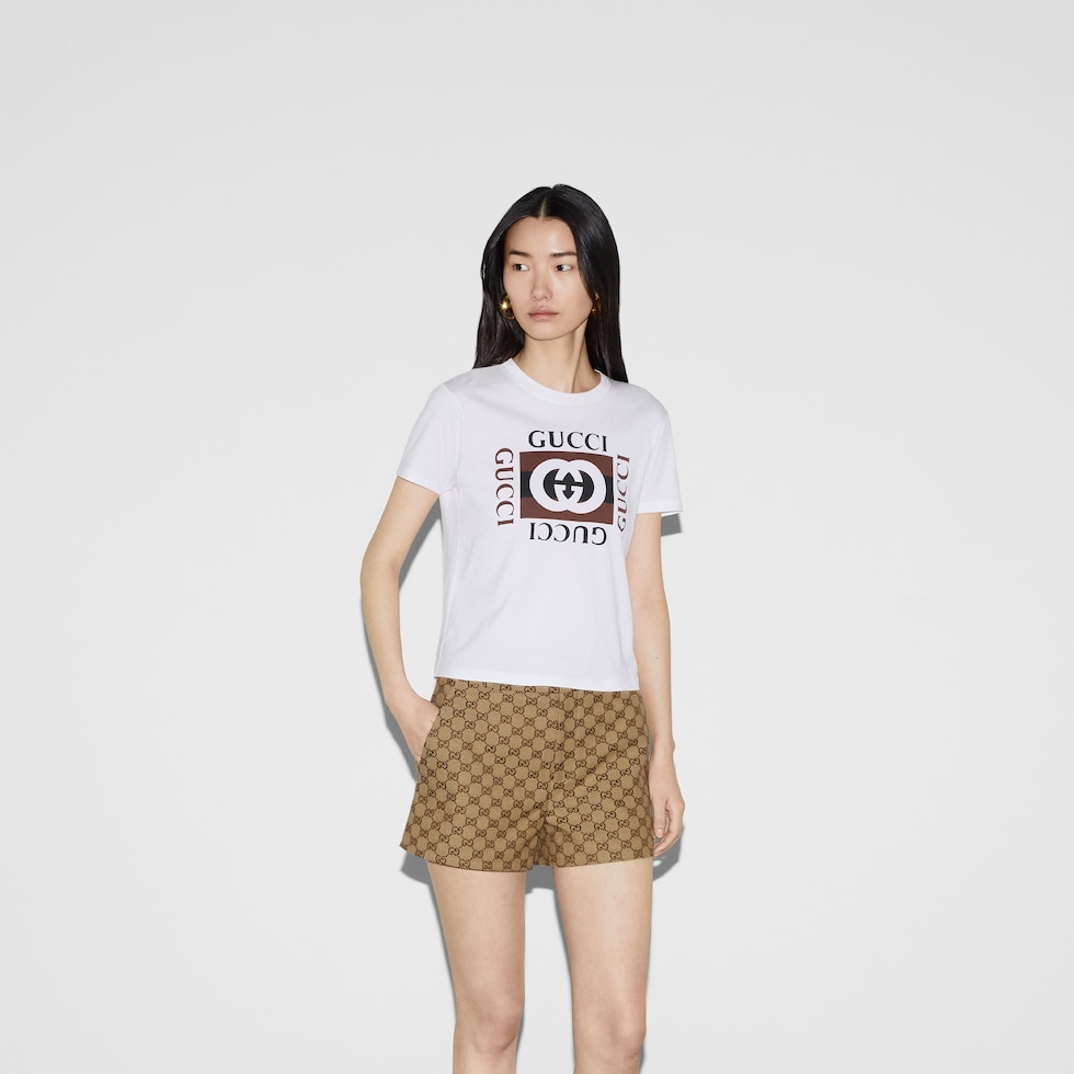 Printed cotton jersey T-shirt in white | GUCCI® US