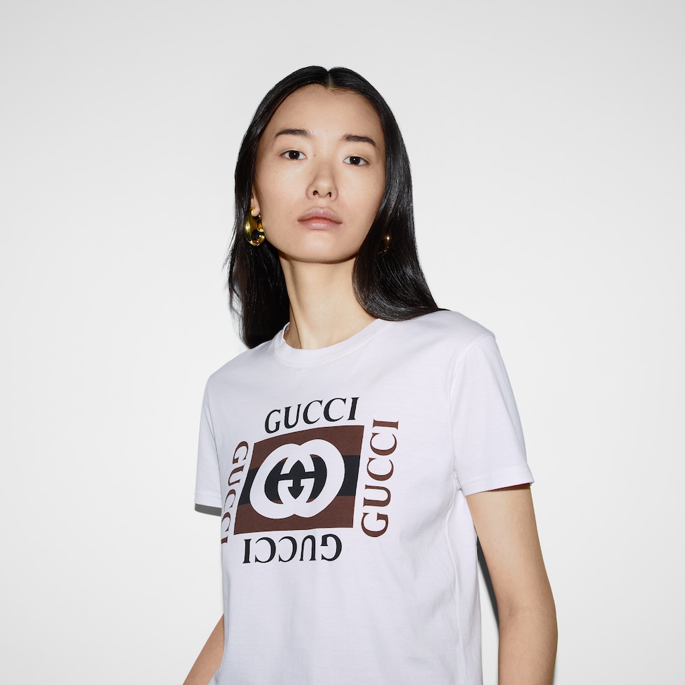 Printed cotton jersey T-shirt in white | GUCCI® US