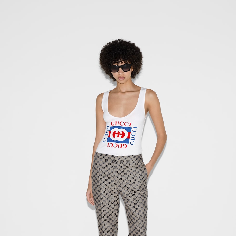 Rib cotton tank top with Gucci print in white | GUCCI® UK