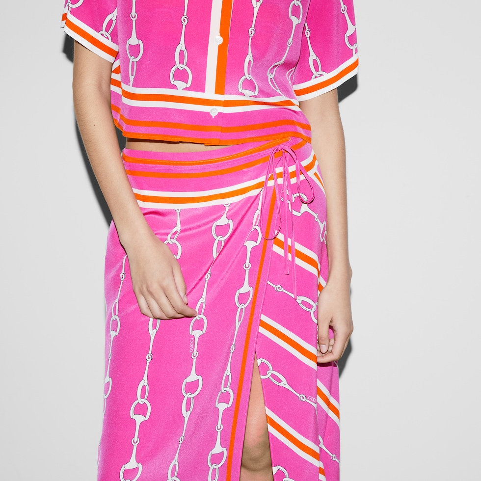 Gucci Horsebit stripe print silk skirt in fuchsia and orange GUCCI AE