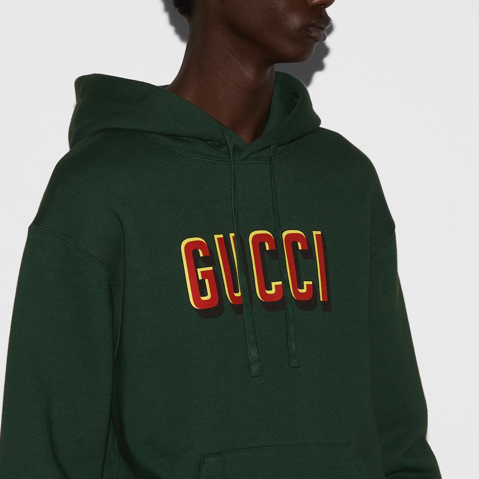 Printed cotton jersey hooded sweatshirt in dark green GUCCI Canada