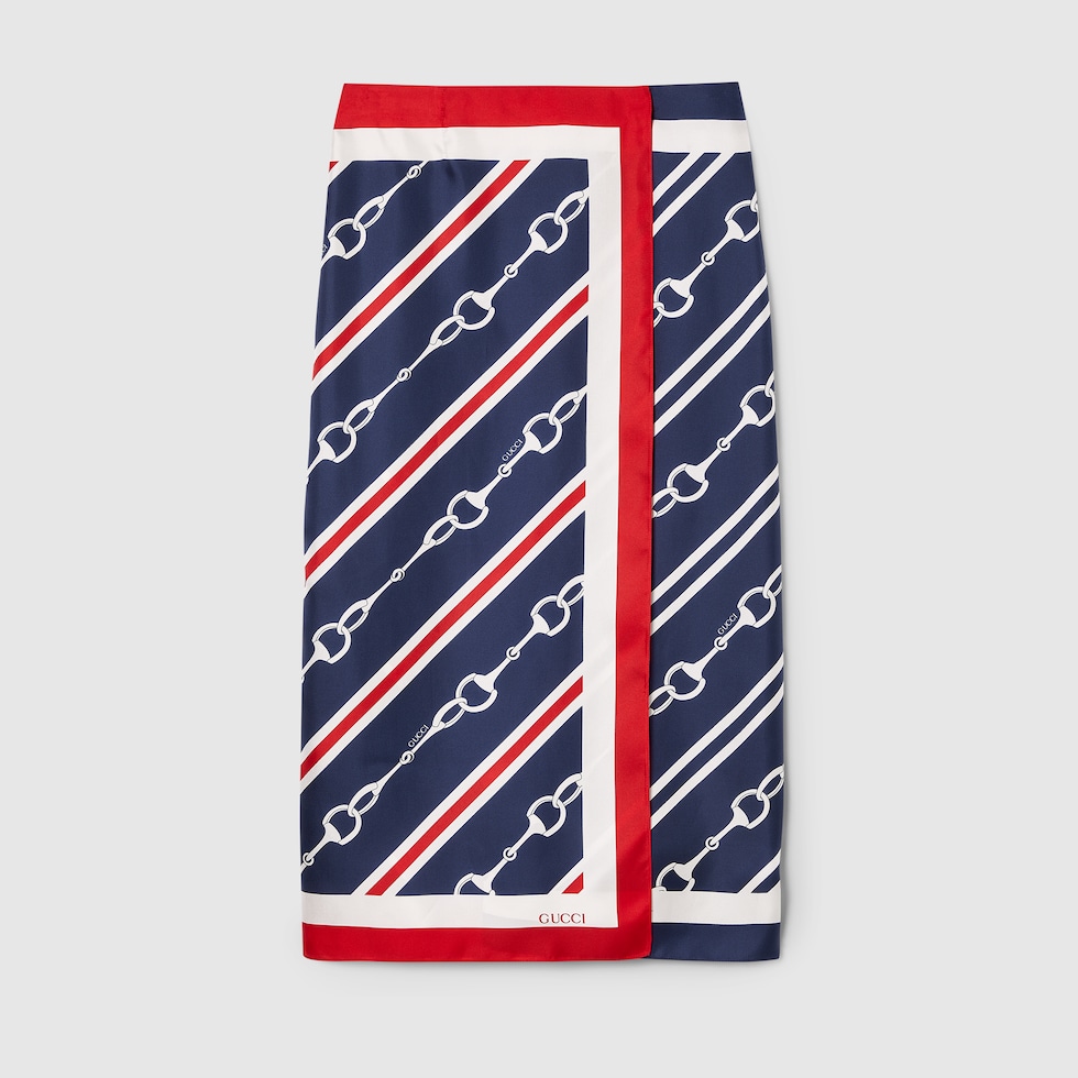 Horsebit print silk twill skirt in blue and red GUCCI AE