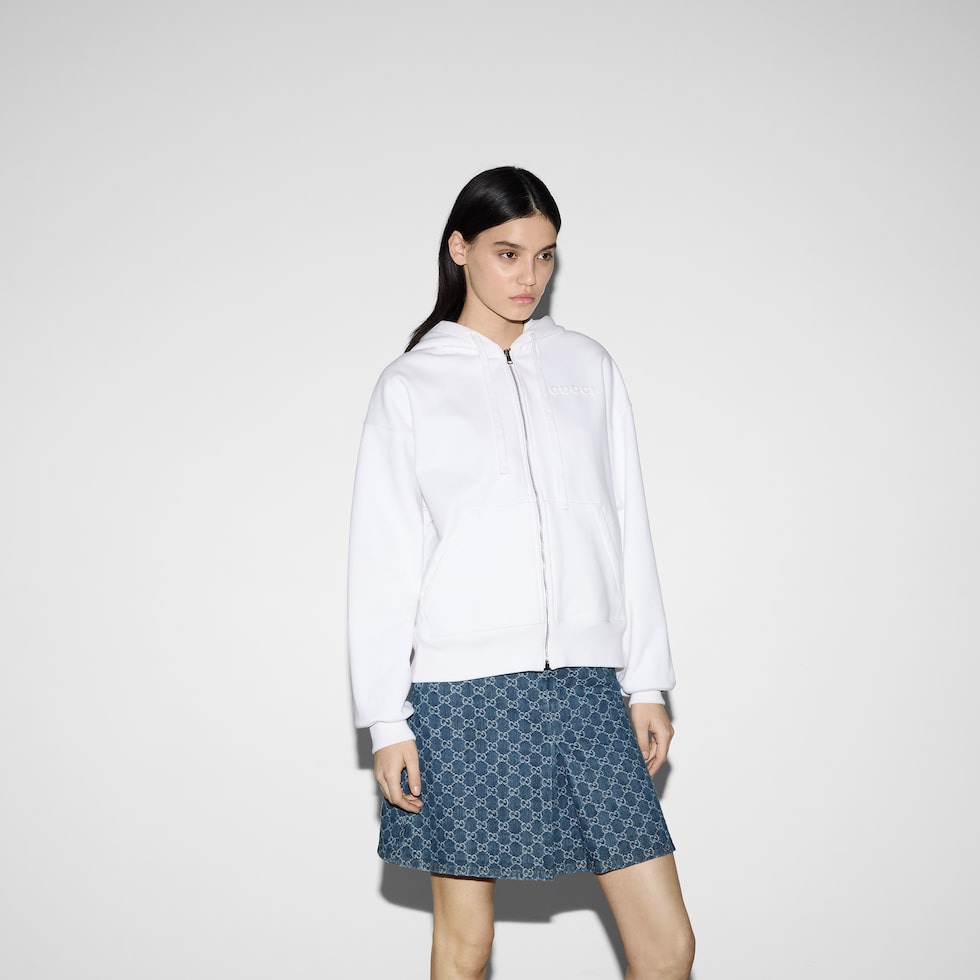 Felted cotton jersey zip jacket in white | GUCCI® US