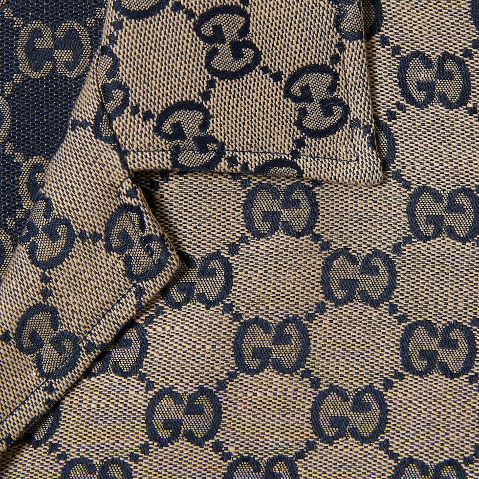 GG linen blend canvas shirt in beige and blue | GUCCI® SI