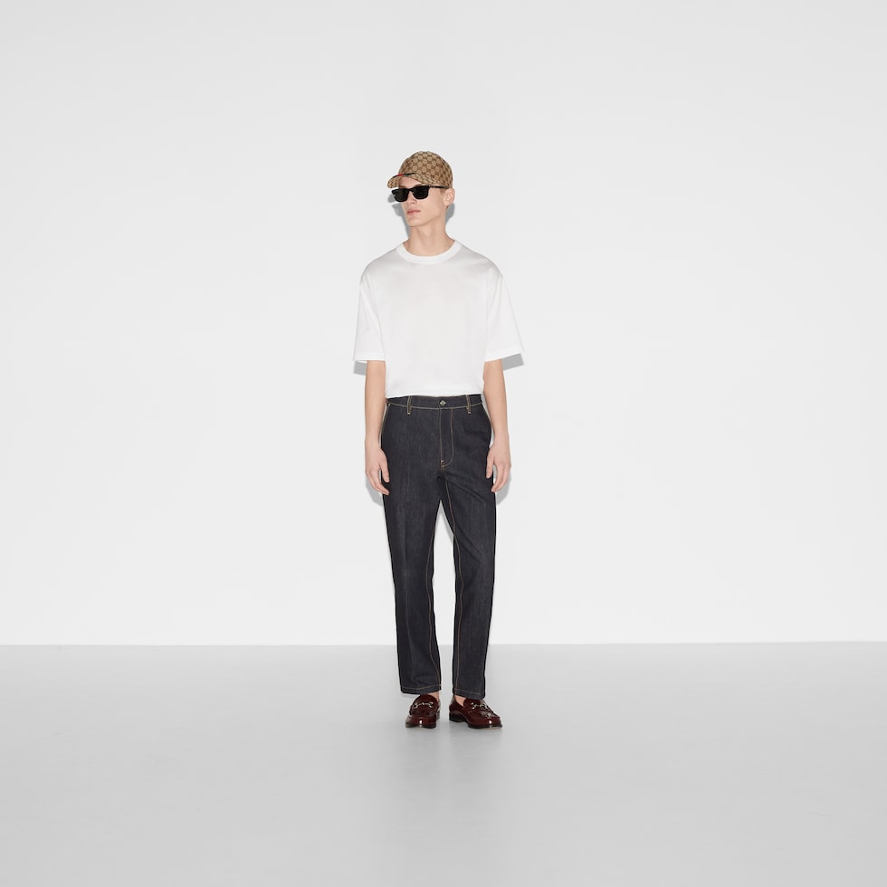 Denim pant with Gucci label in dark blue | GUCCI® GR