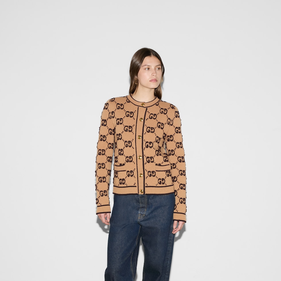 GG wool bouclé jacquard cardigan in camel and brown | GUCCI® US