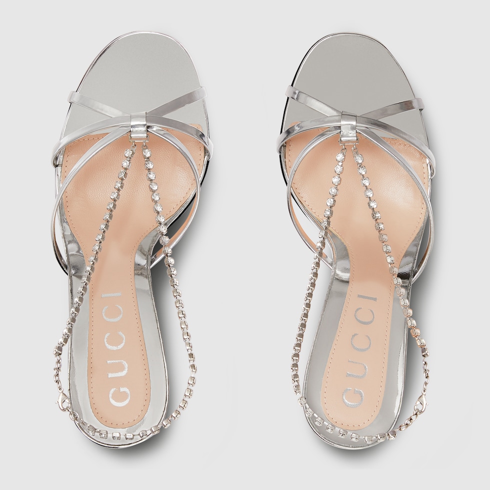 女士水晶链条凉鞋in银色金属质感皮革| GUCCI® UK