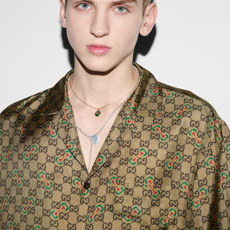 GG Horsebit print silk twill shirt in camel and ebony | GUCCI® SG