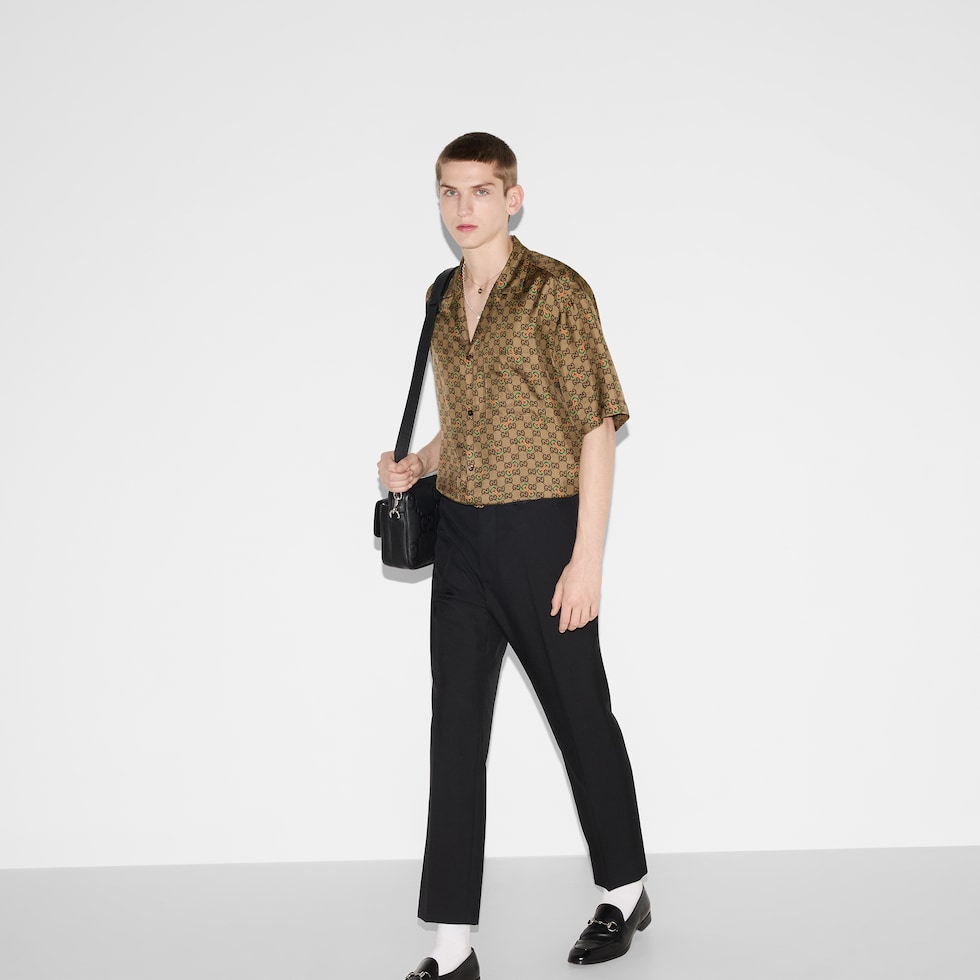 GG Horsebit print silk twill shirt in camel and ebony | GUCCI® SG