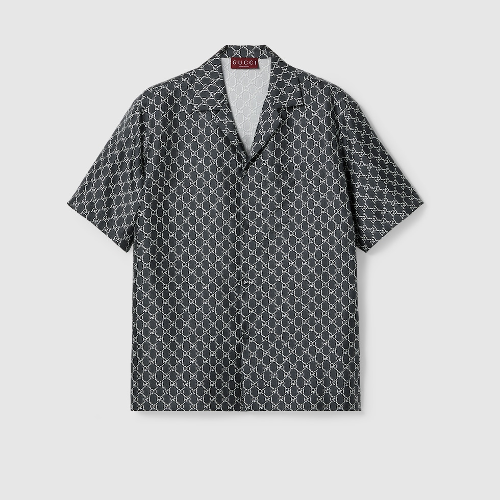 Camicia in seta con stampa GG in grigio e bianco GUCCI Italia