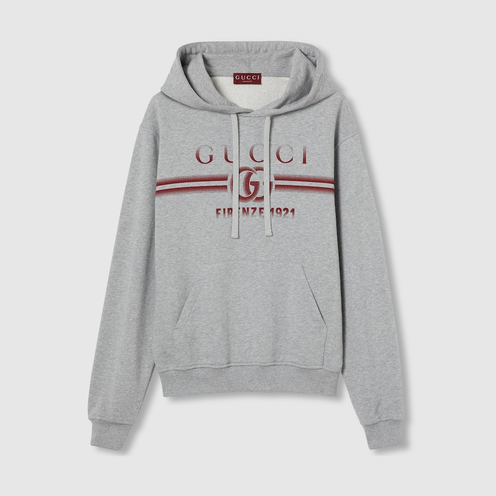 Printed cotton jersey hooded sweatshirt in grey | GUCCI® US