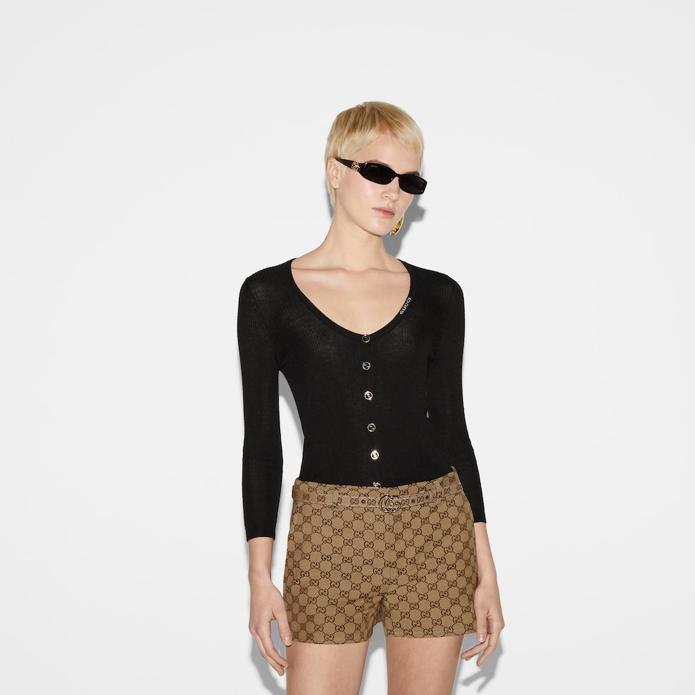 Extra fine rib wool and silk cardigan in black | GUCCI® US
