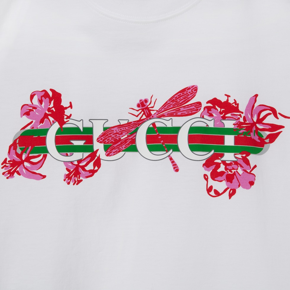 Printed cotton jersey T shirt in off white GUCCI BG