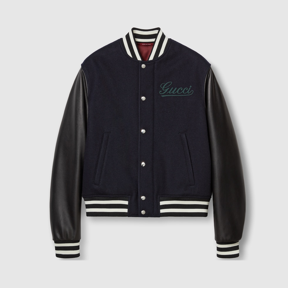 Wool and leather bomber jacket in navy GUCCI Canada