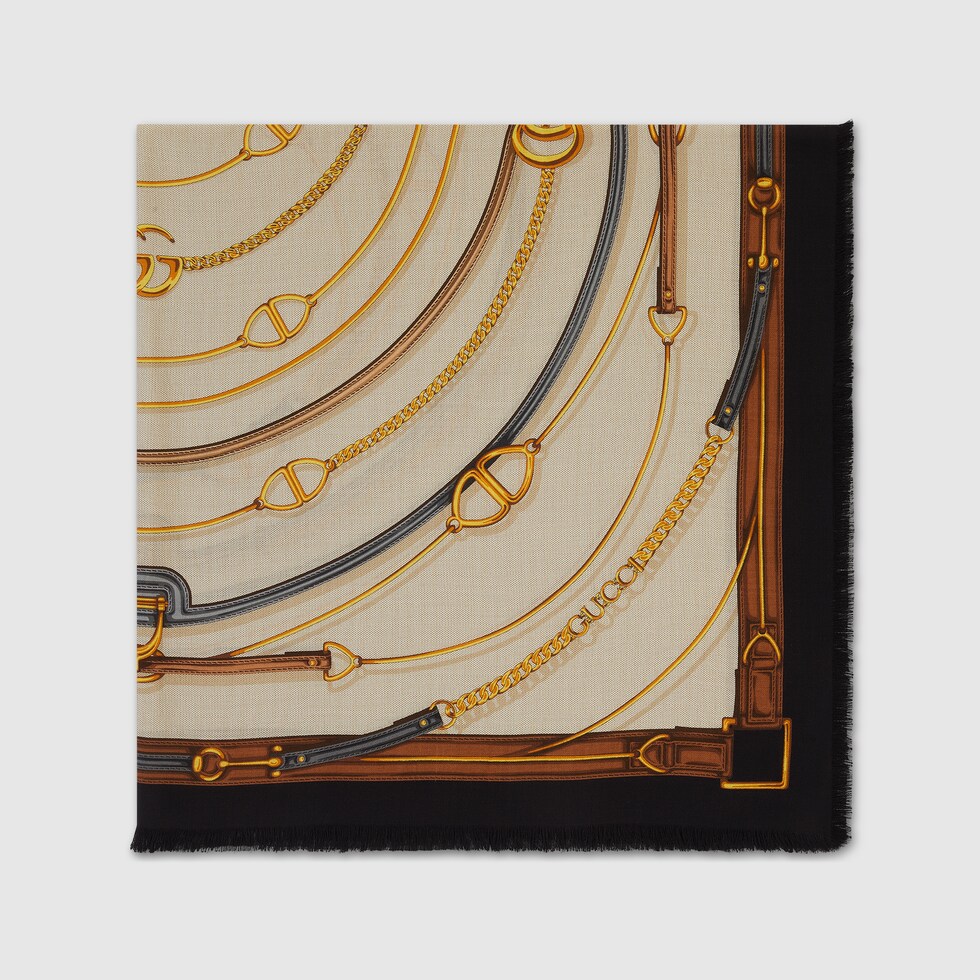 GG belt print cashmere silk shawl in ivory and black | GUCCI® US