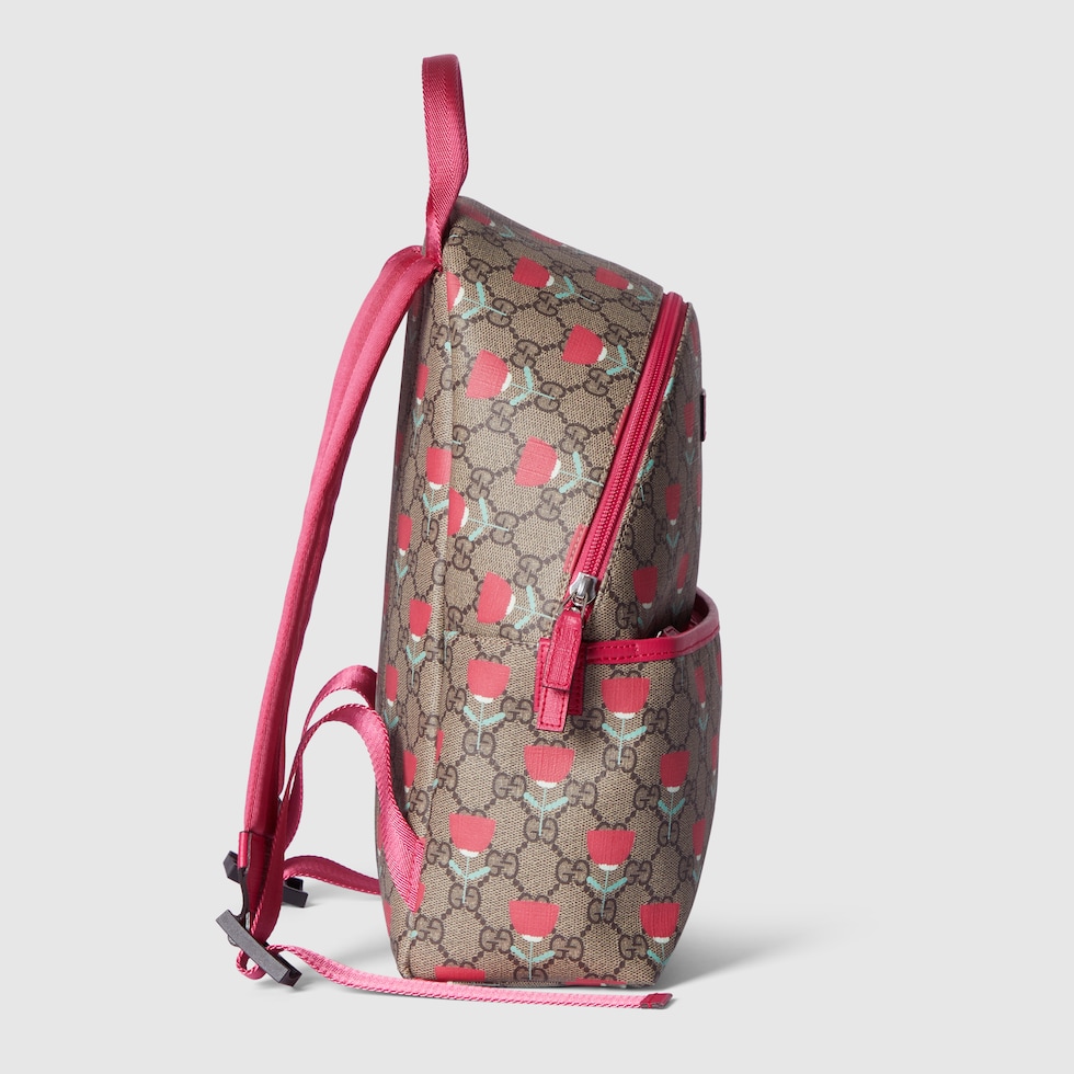 Zaino bambino con stampa con fiore in tessuto GG Supreme beige ed ebano GUCCI Italia