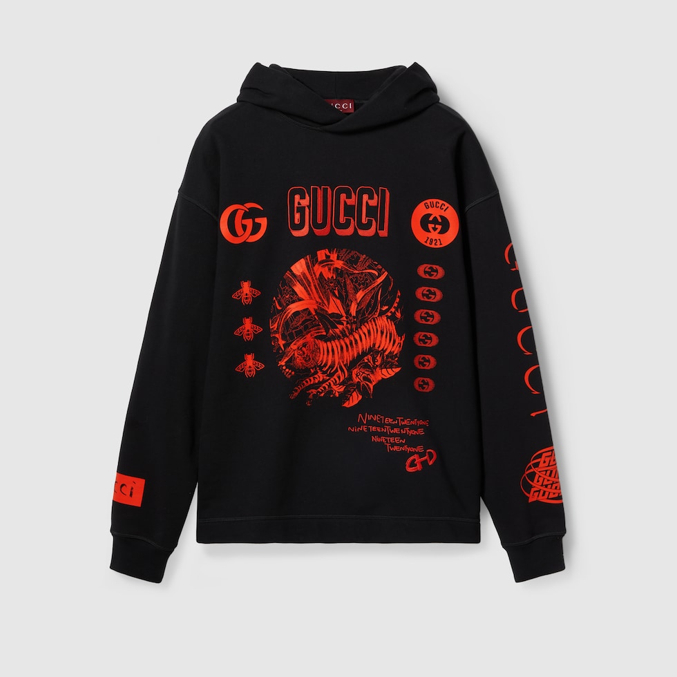 Sweat shirt a capuche avec symboles Gucci en noir GUCCI BE