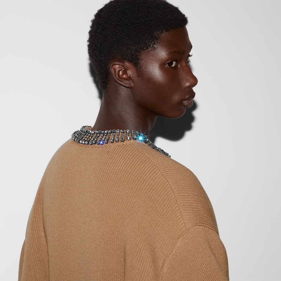 Rib stitch cardigan with embroidery in camel | GUCCI® US