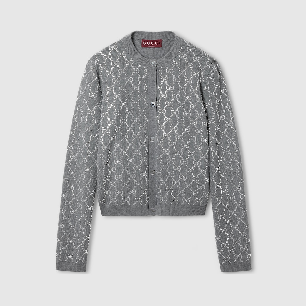 Wool cardigan with crystal embroidery in grey | GUCCI® SG