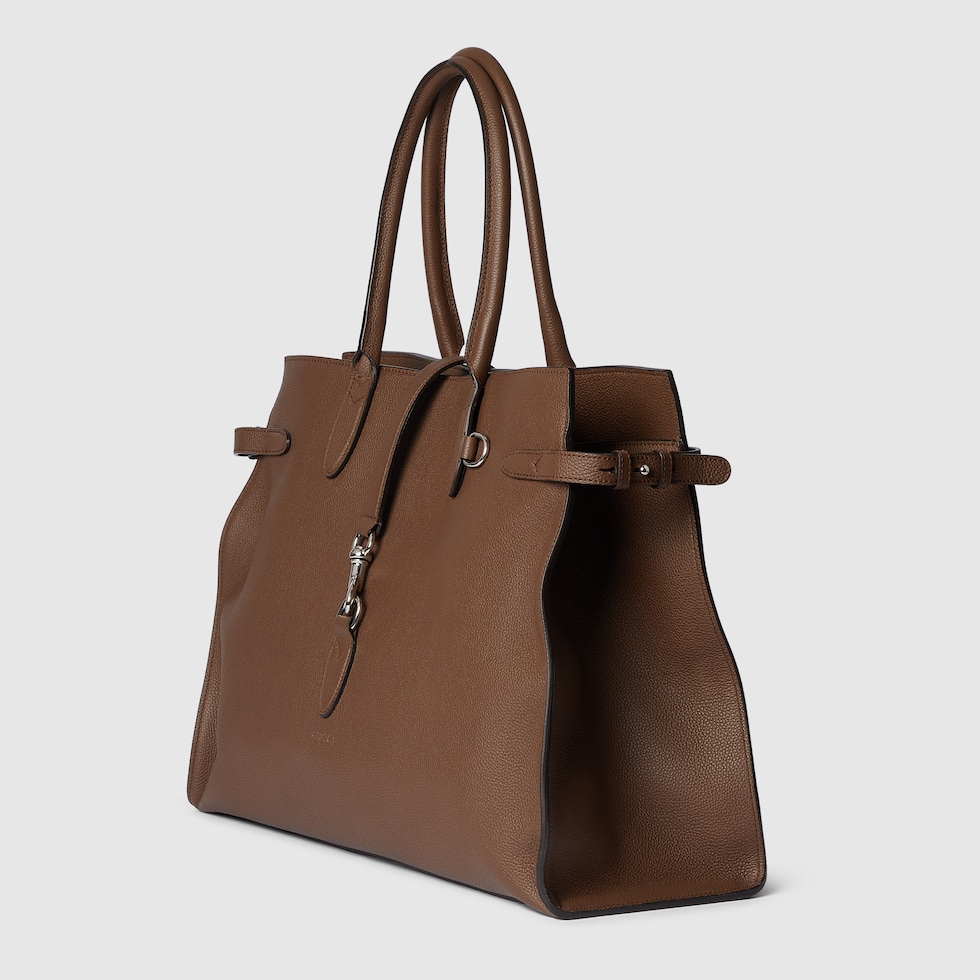 Large tote bag with hook closure in light brown leather