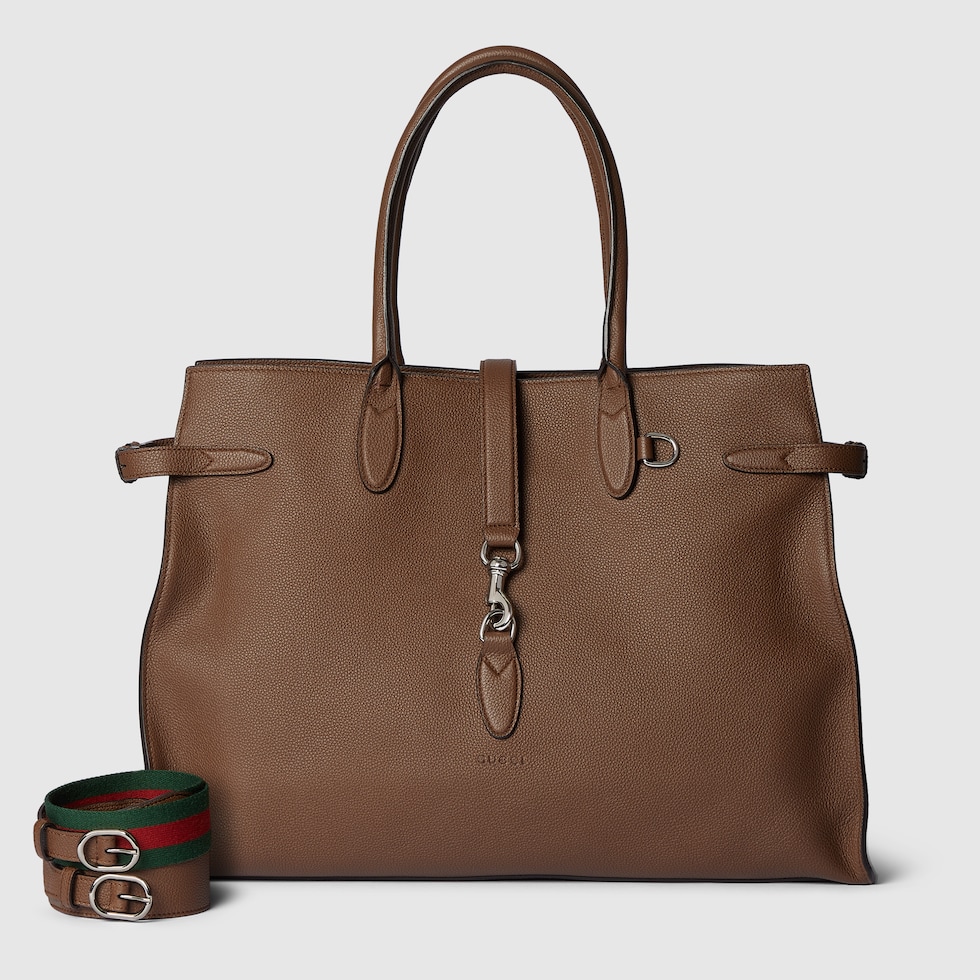 Large tote bag with hook closure in light brown leather
